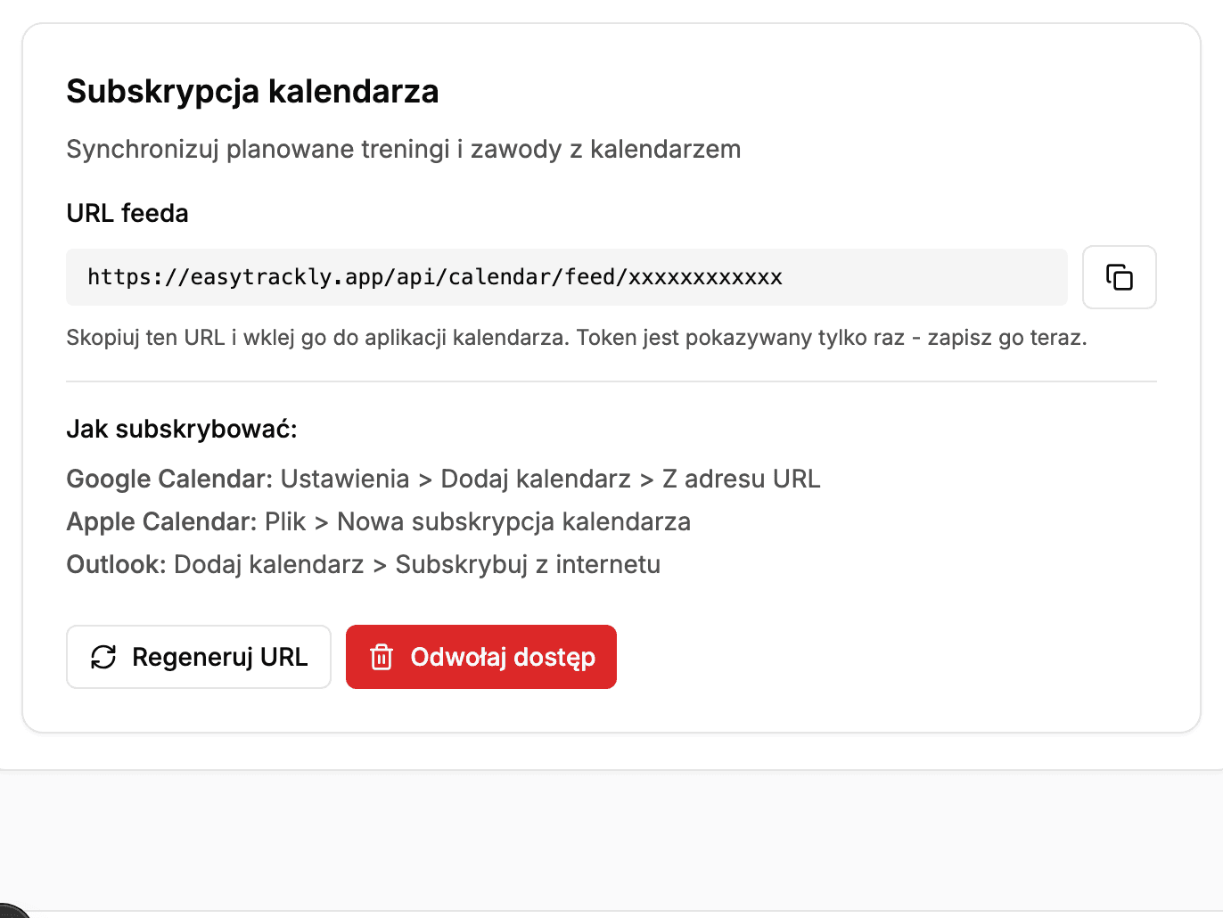 Sekcja Subskrypcja kalendarza z adresem URL feeda i instrukcjami dla Google, Apple i Outlooka