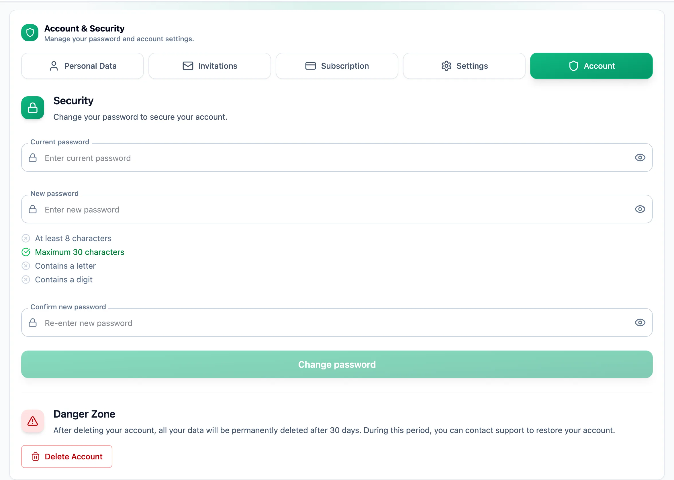 Account tab: password change form with current, new and confirm password fields, a list of requirements and the Change password button, with the Danger Zone and Delete Account button below