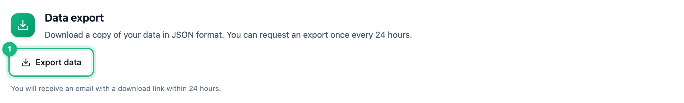 Data export section on the Personal data tab with the Export data button and a note about the emailed download link