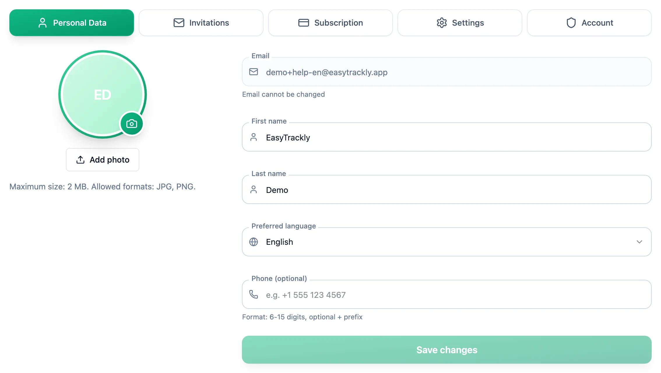 Personal details tab: the row of profile tabs, a photo with the Add photo button and a form with email, first name, last name, preferred language and phone