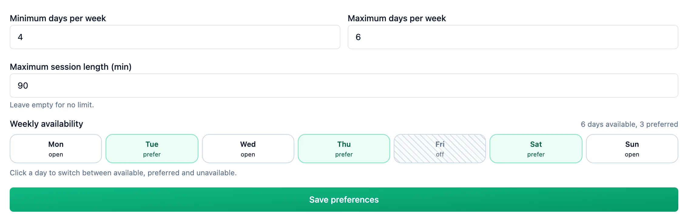 Planning preferences form with minimum and maximum days per week, maximum session length, a seven-day grid and the Save preferences button