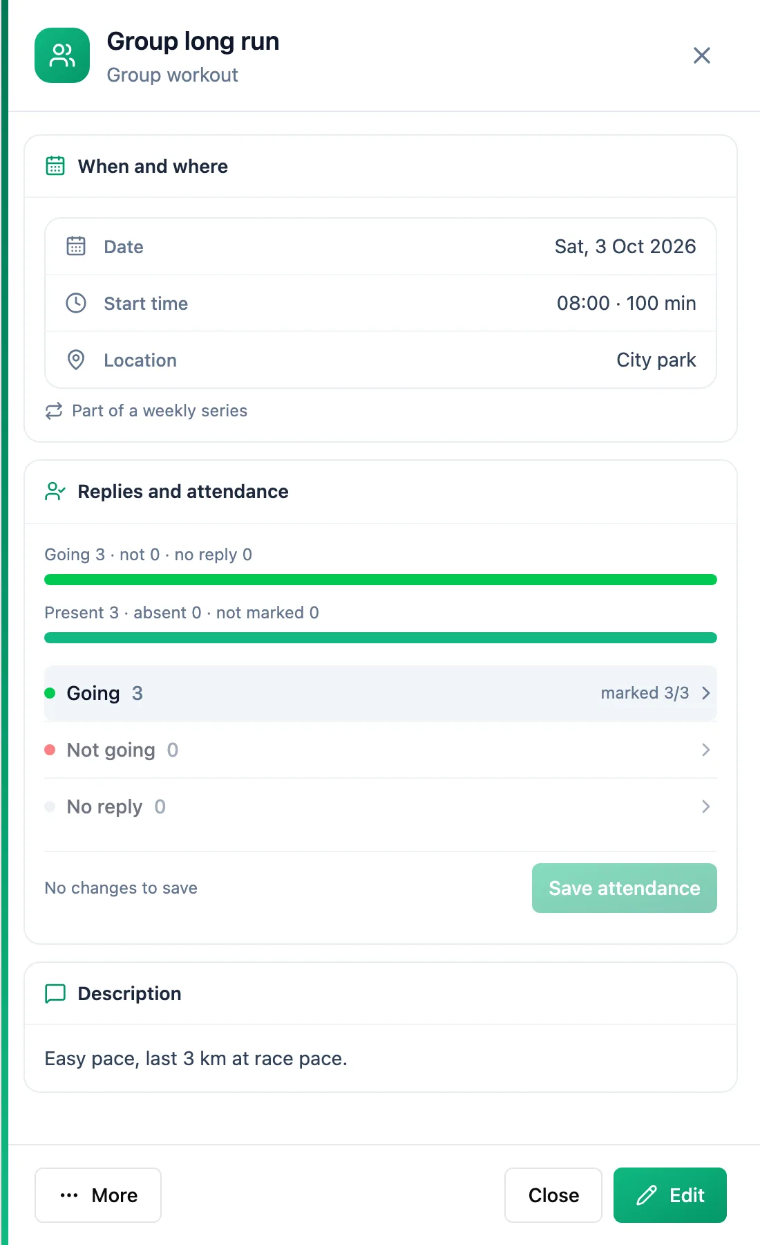 Past group session panel with the Replies and attendance section: reply and attendance bars, the Going, Not going and No reply groups and the Save attendance button
