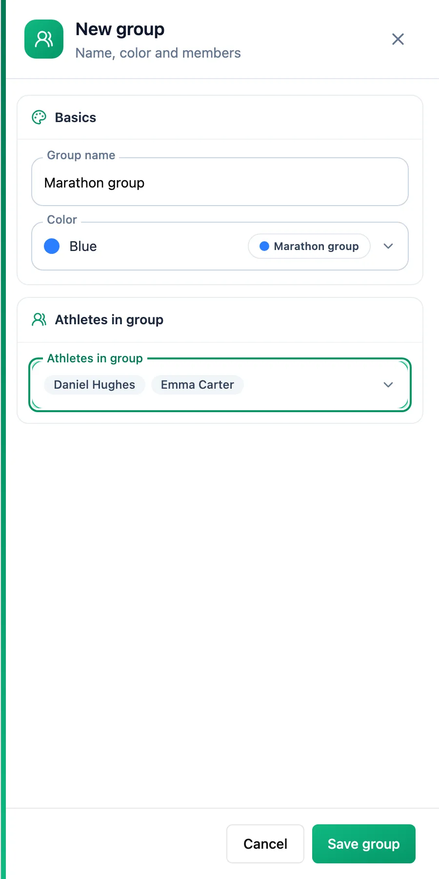 New group panel with a name, the blue colour and two athletes in the Athletes in group field, plus the Save group button