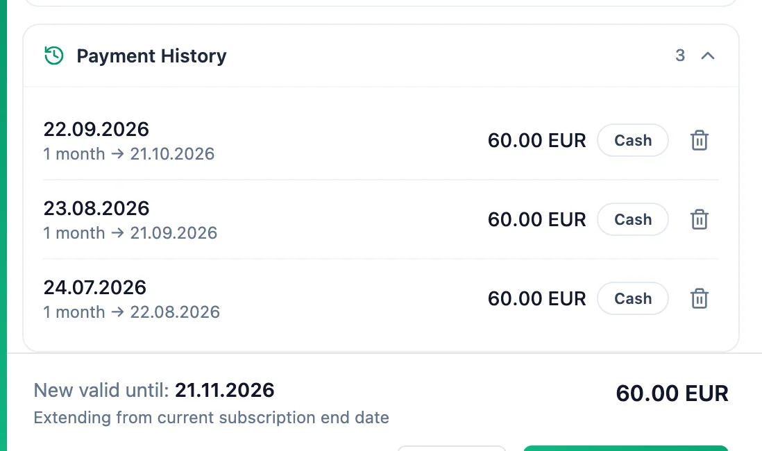 Expanded history of three payments and the panel footer with the new expiry date and the Extending from current subscription end date note