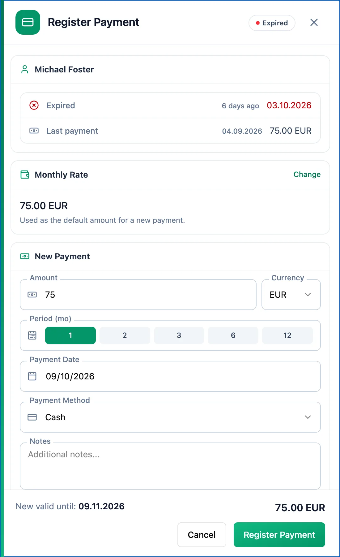 Register payment panel for an overdue athlete with the monthly rate section, the new payment form and a footer with the new expiry date