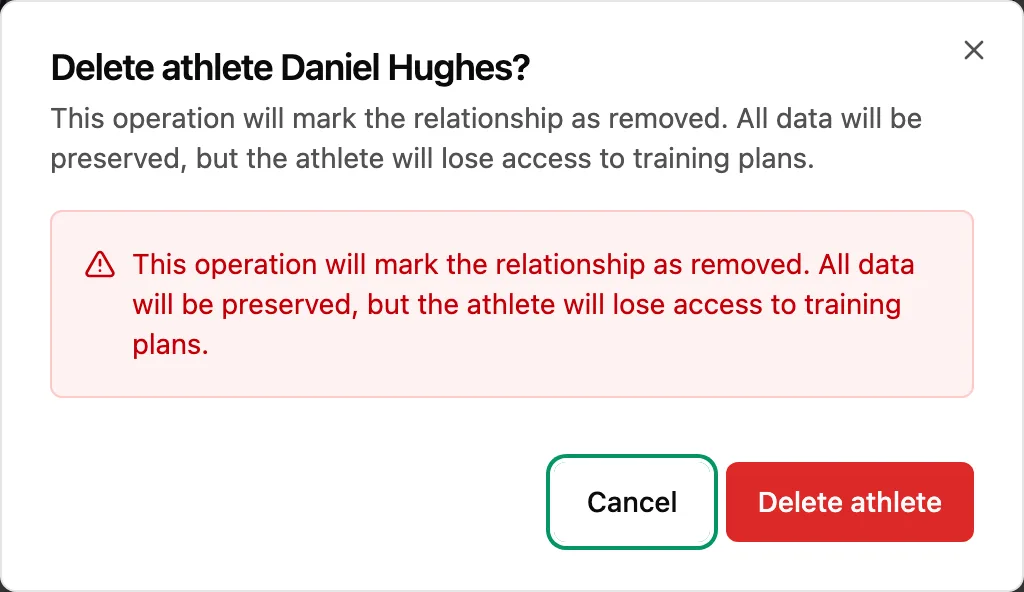 Delete athlete dialog describing the consequences, with the Cancel and Delete athlete buttons