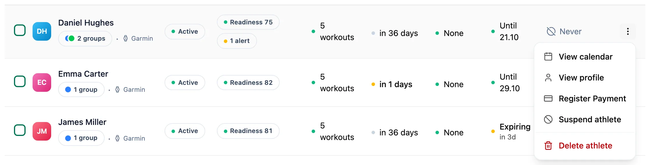 Open athlete row menu with View calendar, View profile, Register payment, Suspend athlete and Delete athlete