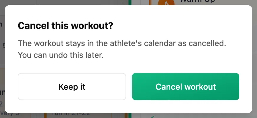Cancel this workout? dialog with Keep it and Cancel workout buttons