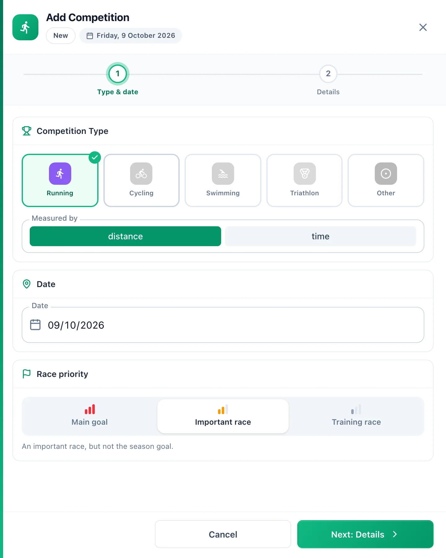 Add Competition wizard on the Type and date step with the competition type, how it is measured, the date and the race priority