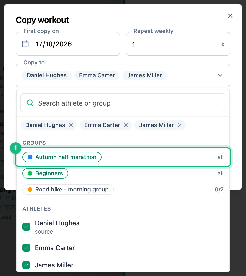Copy workout window with the Copy to field open: a group selected and the athlete list