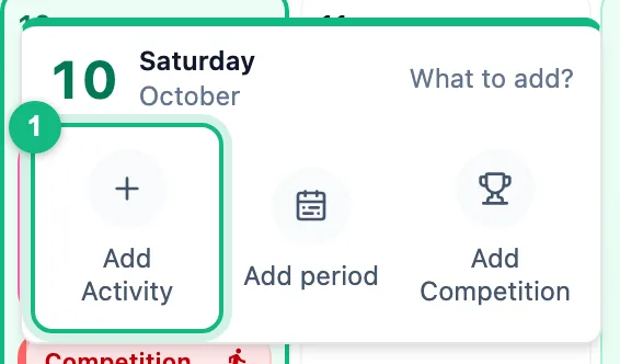Day menu What to add? with Add Activity highlighted next to Add period and Add Competition