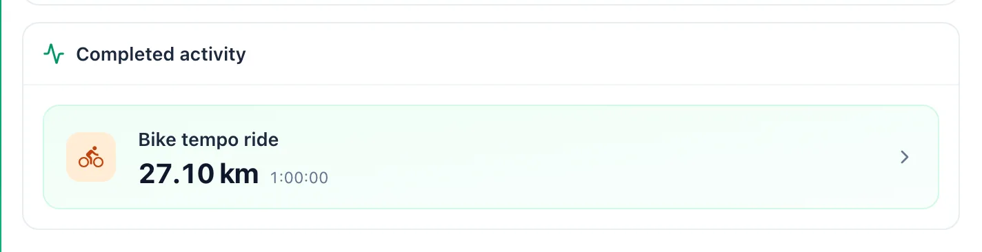 Completed activity section in the workout panel with the linked activity name, distance and duration
