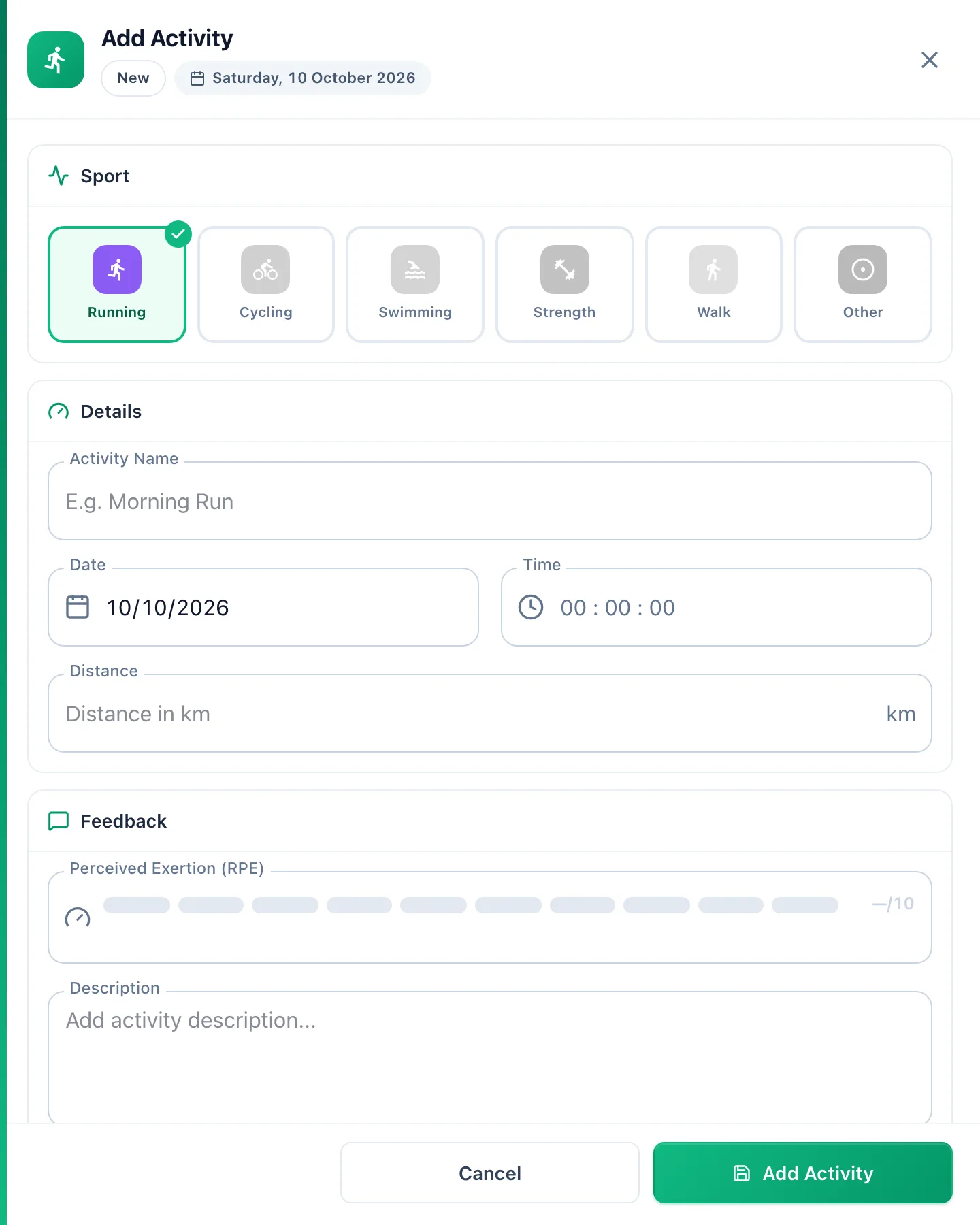 Add Activity panel with the sport picker, name, date, time and distance fields and the Feedback section with perceived exertion and description