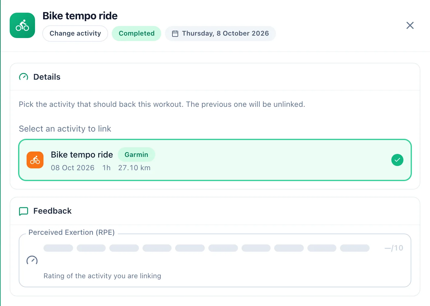 Workout panel in the change activity mode with the list to link, the current activity selected and the RPE effort field