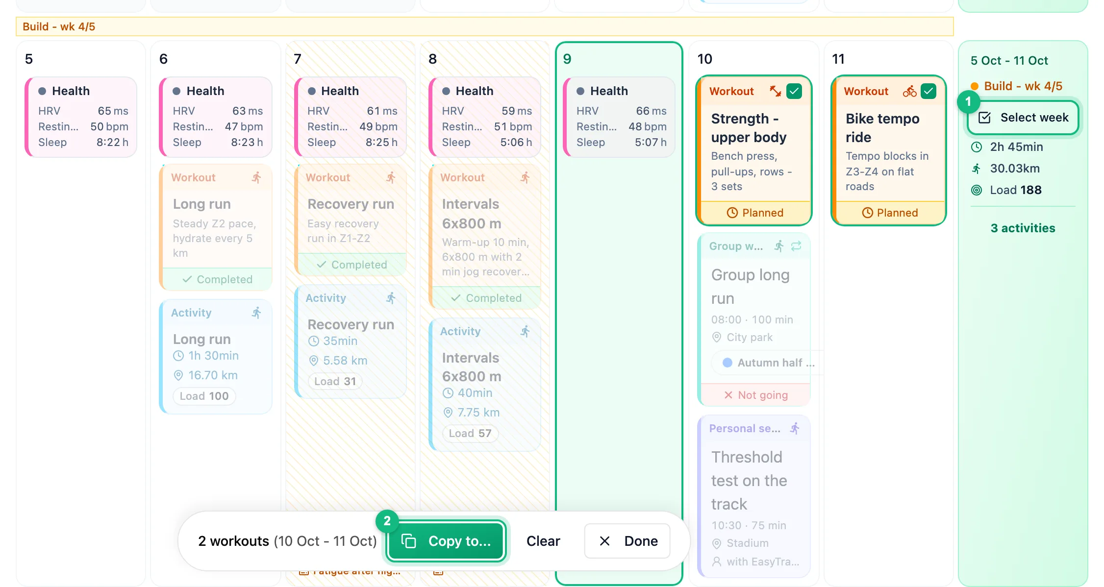 Calendar in selection mode with two workouts selected and the Copy to bar at the bottom