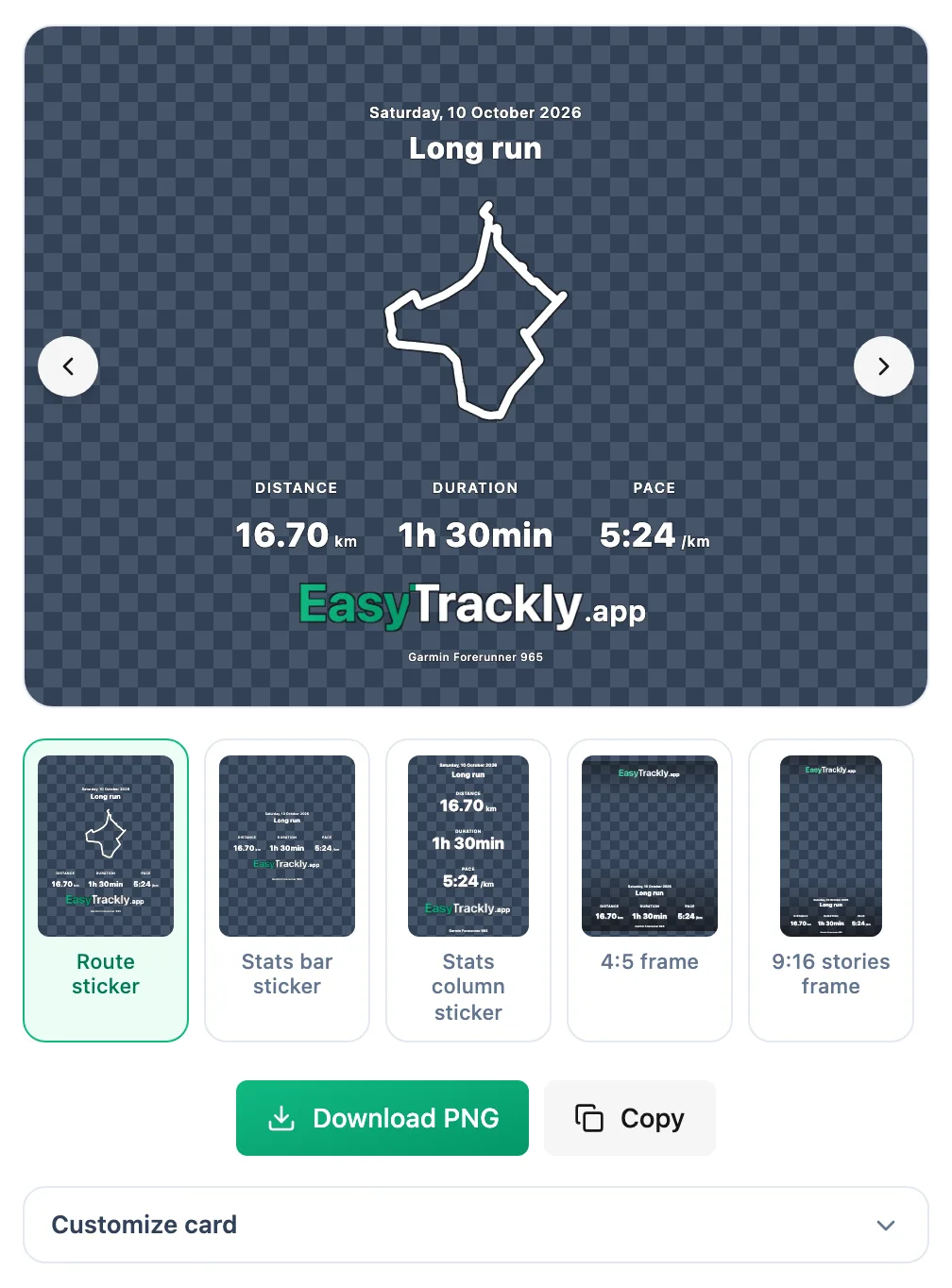 Share window: route sticker preview on a checkerboard, a strip of style thumbnails and download and copy buttons