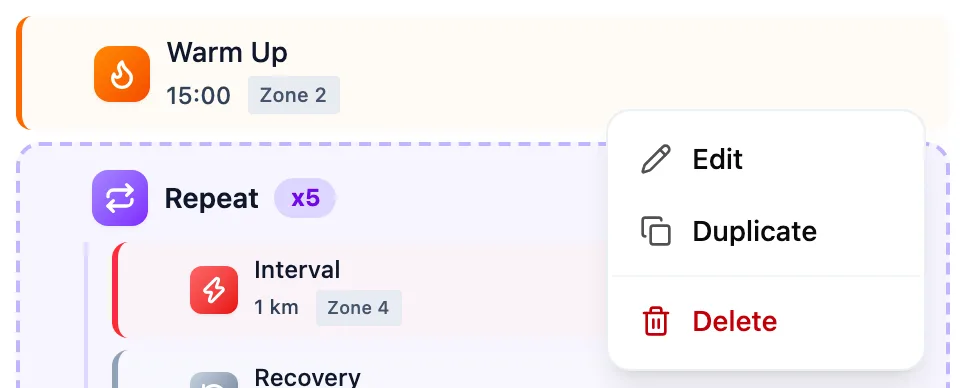 Open warm-up step menu with the Edit, Duplicate and Delete items