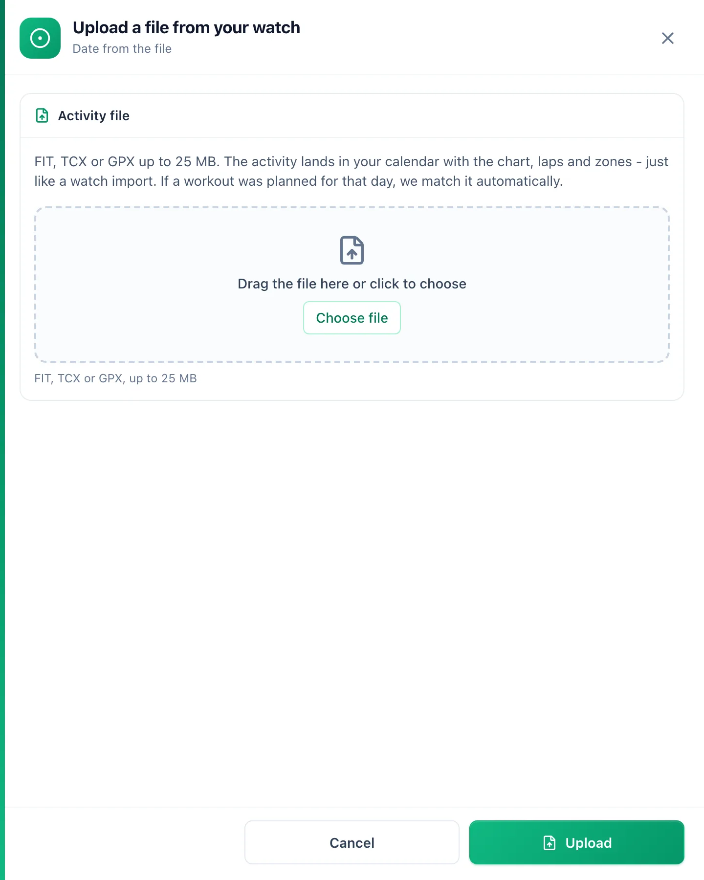 Upload a file from your watch panel with the drop field, the Choose file button and the Upload button in the footer