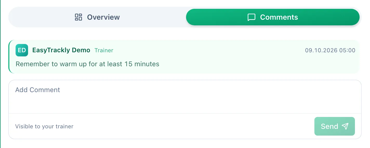 Comments tab in the workout panel with the coach's note about warming up and the Add comment field