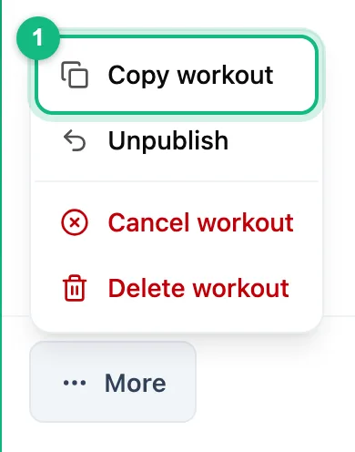 More menu in the workout panel with Copy workout highlighted