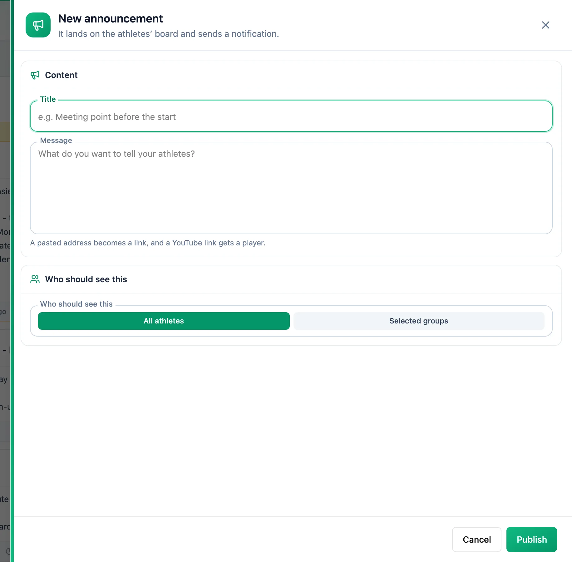 New announcement panel with Title and Content fields, audience choice and the Publish button