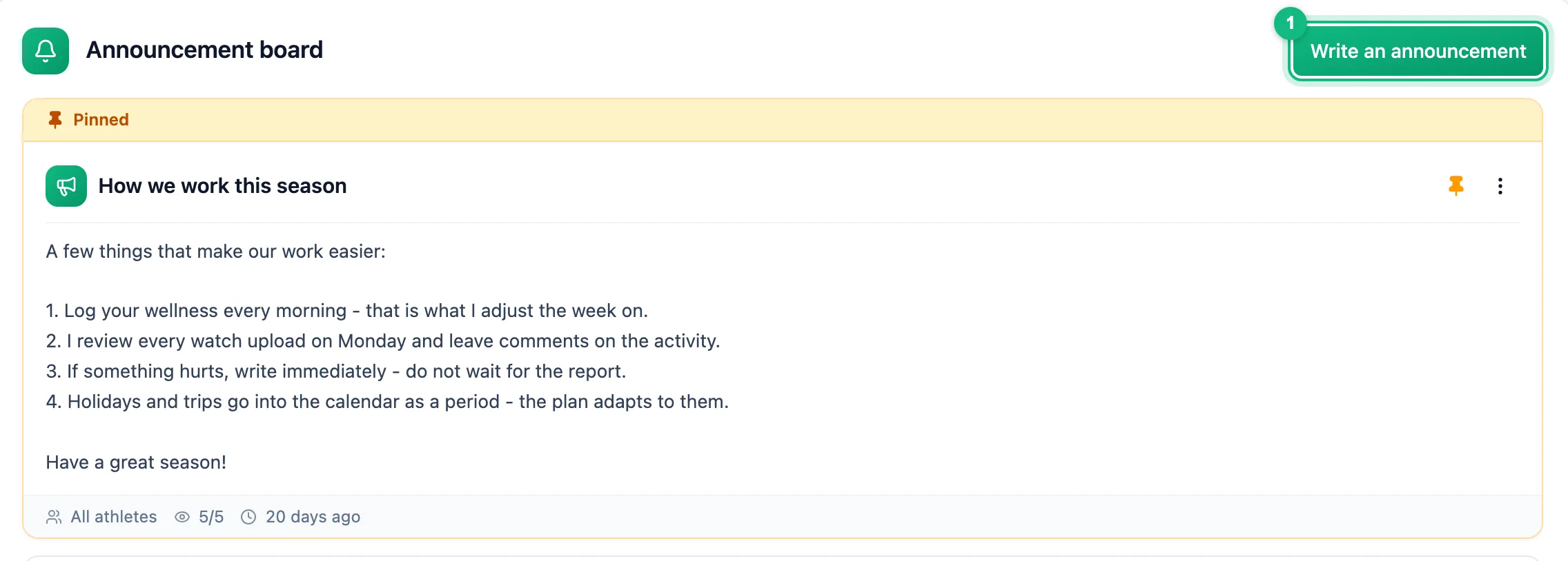 Coach board with the Write an announcement button and a pinned post showing its audience, read count and date