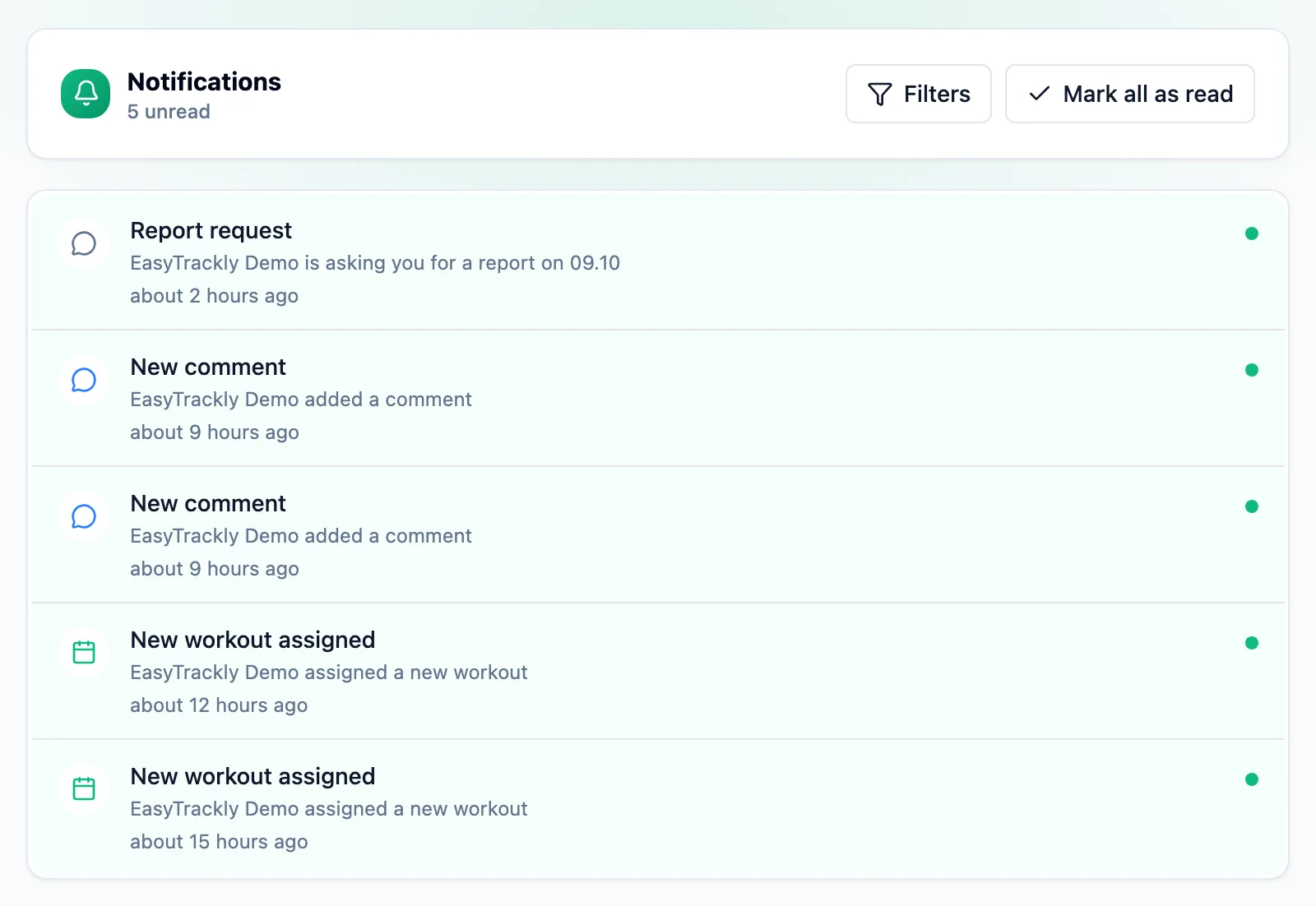 Notifications page with the Filters and Mark all buttons and a list of unread notifications: a report request, new comments and new workouts
