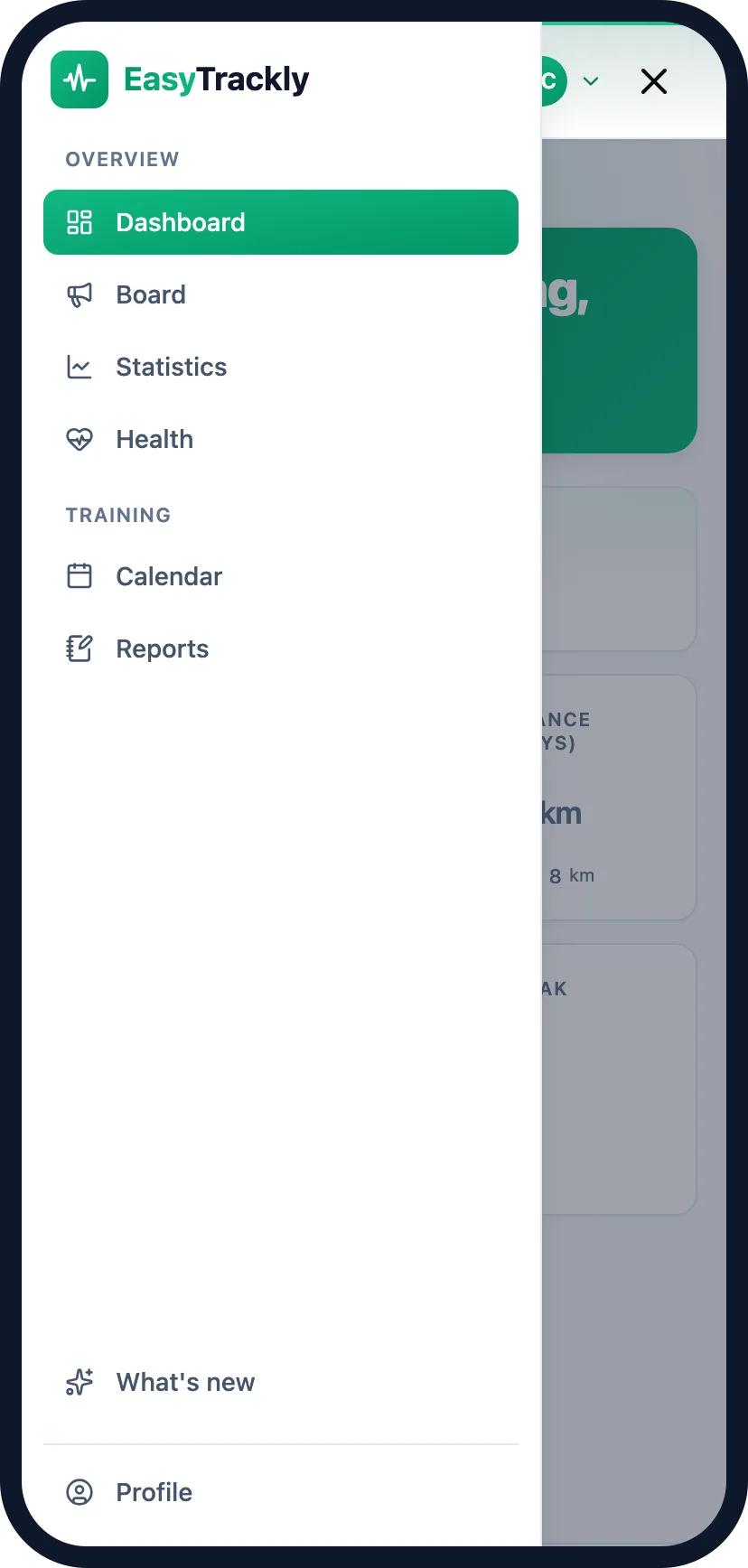 Athlete side menu opened on a phone with the Overview and Training groups