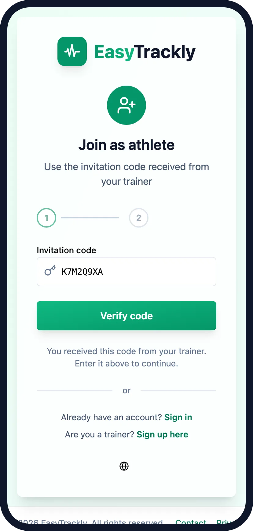Join as athlete screen on a phone with the invitation code filled in and the Verify code button