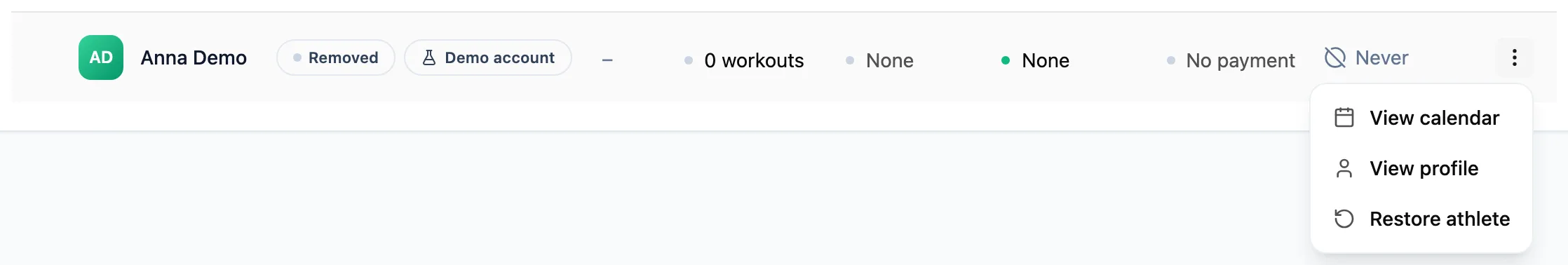 Demo athlete row in the removed list with the Removed and Demo account badges and a menu showing Restore athlete