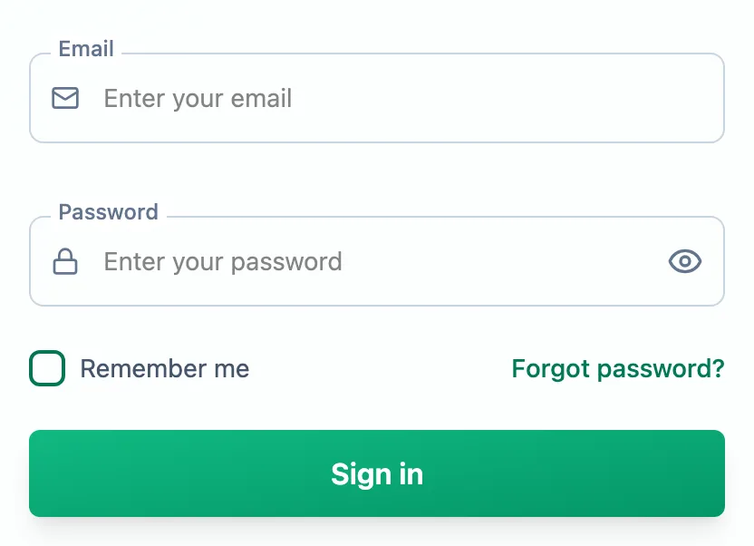 Sign-in form with email and password fields, a Remember me checkbox and a forgotten password link