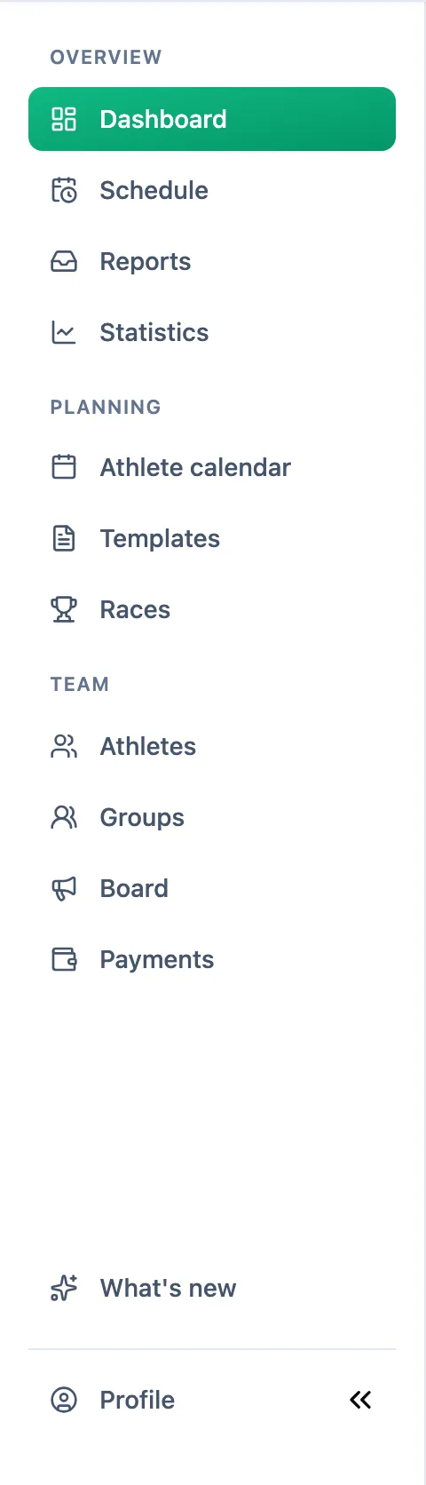 Coach side menu with the Overview, Planning and Team groups and What's new and Profile at the bottom