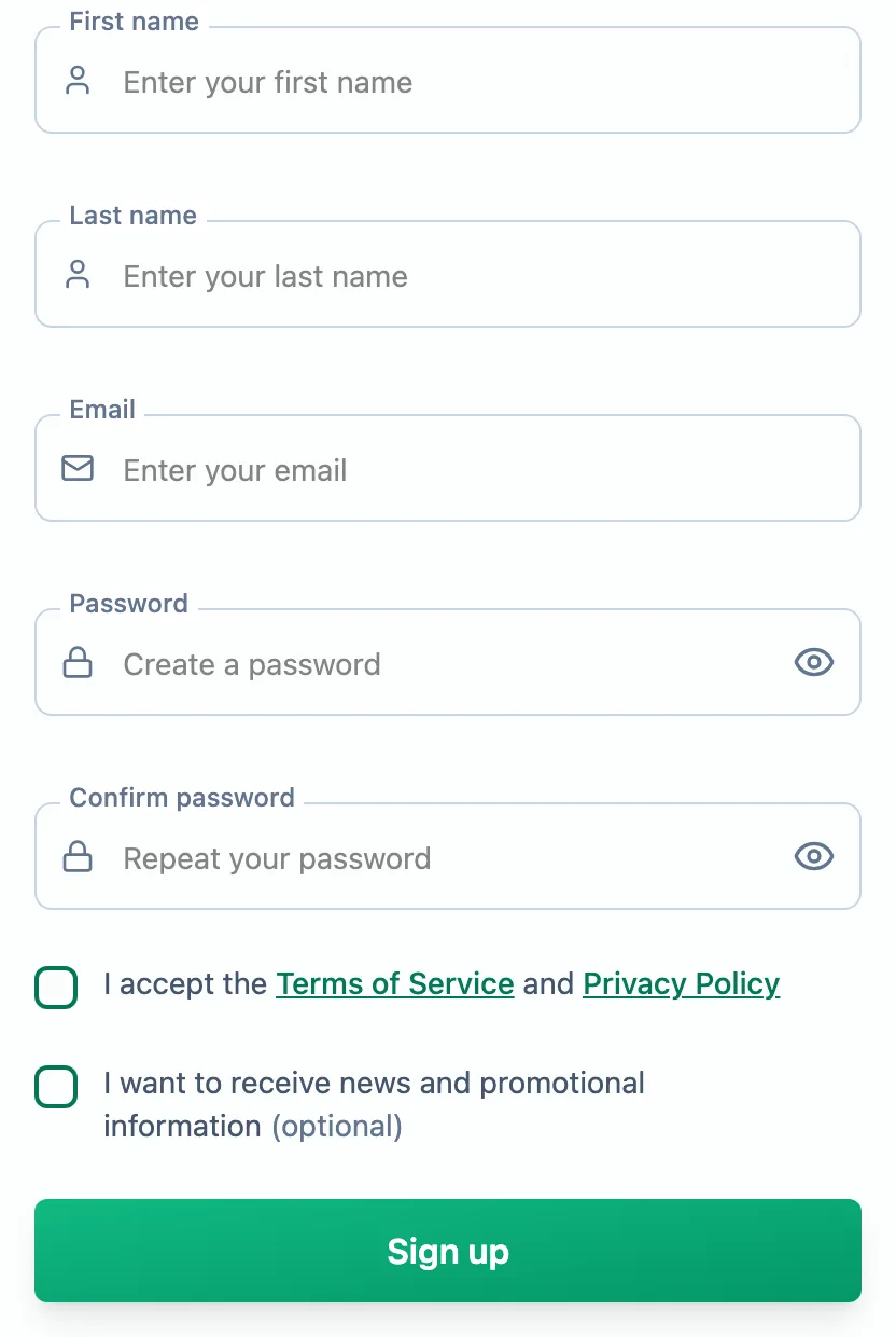 Coach sign-up form with name, email and password fields and two consent checkboxes