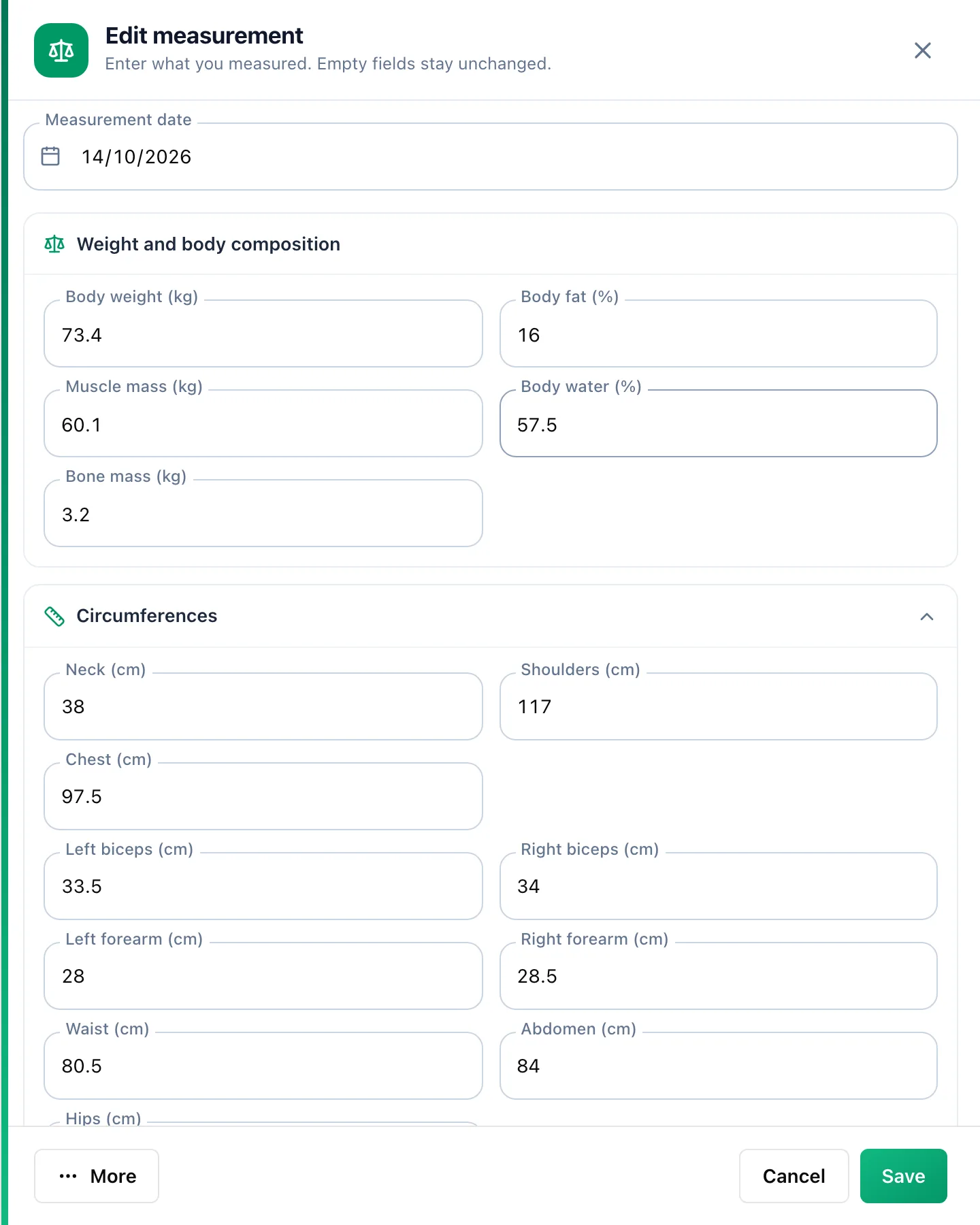 Edit measurement form with the measurement date and fields grouped into Weight and body composition and Circumferences, with More, Cancel and Save buttons