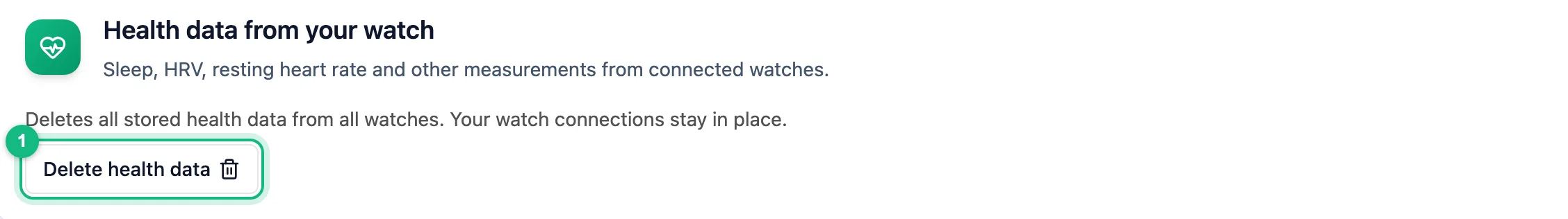 Health data from your watch section in profile settings with the Delete health data button