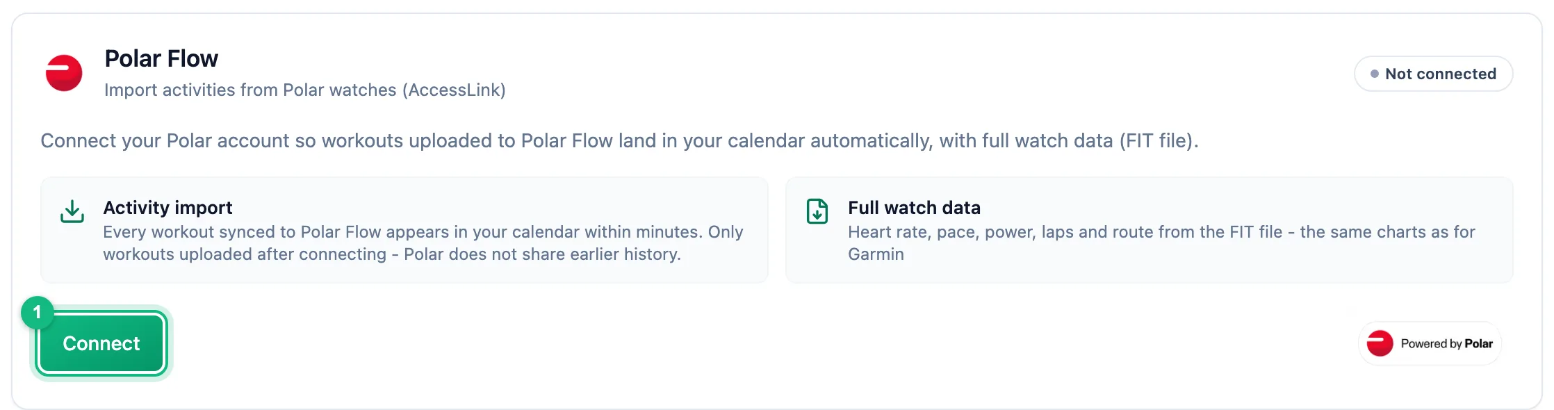 Polar Flow card on the Integrations tab with the Not connected status, a description of activity import and full watch data, and a Connect button