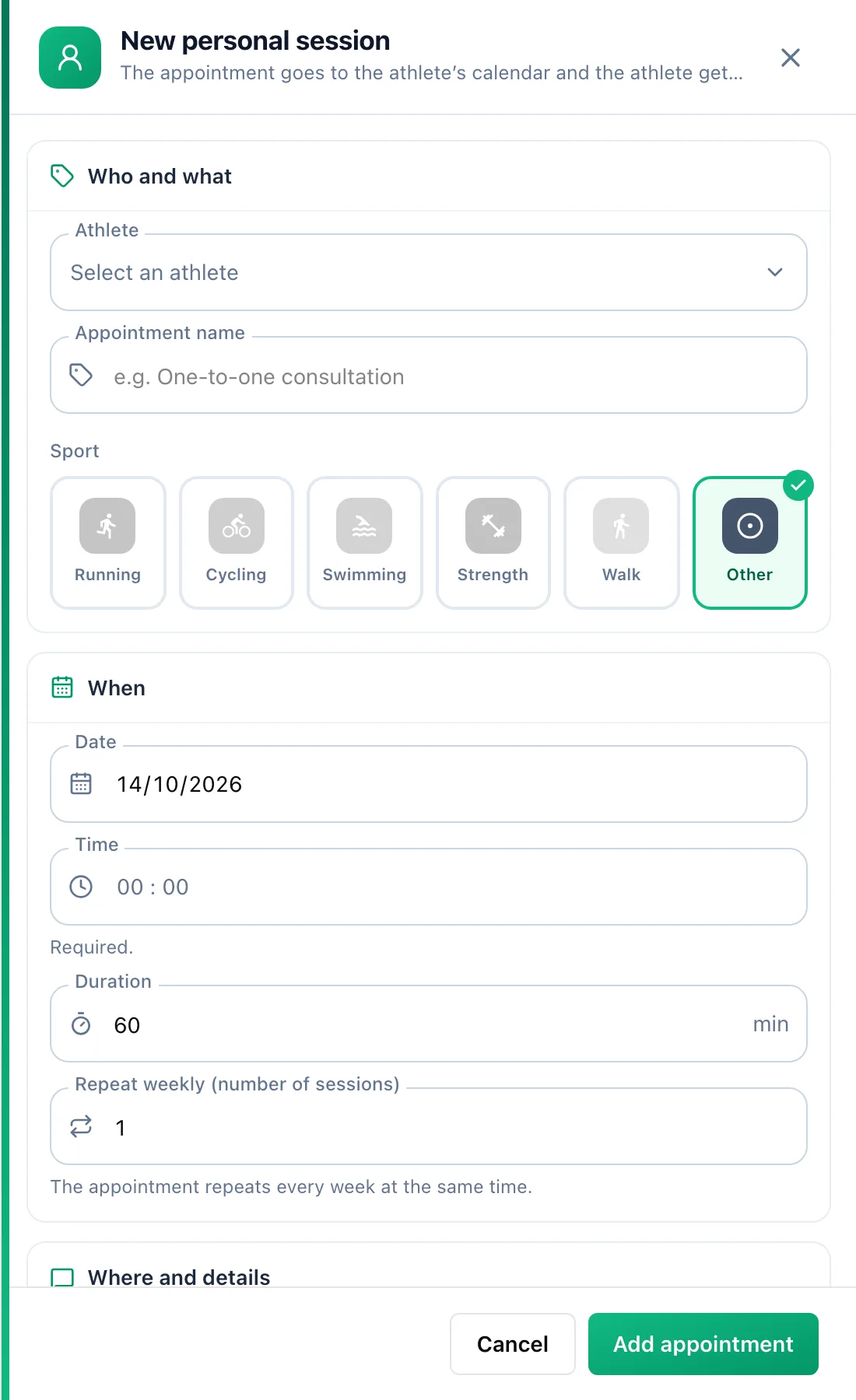 New personal session form with Who and what (athlete, name, sport) and When (date, time, duration, weekly repeat) sections