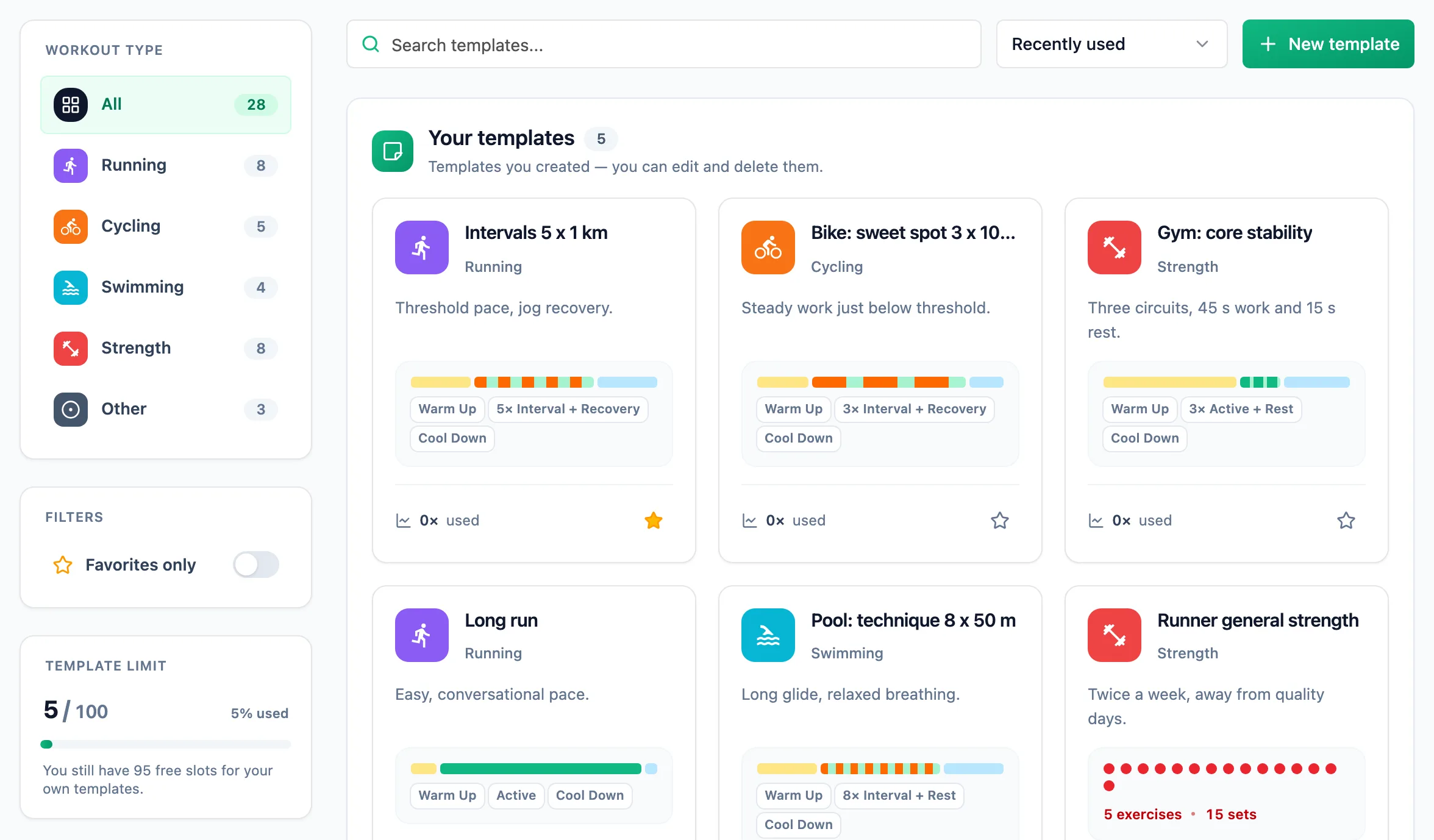 Templates view with the discipline filters on the left, search, sorting and the New template button at the top, and cards in the Your templates section