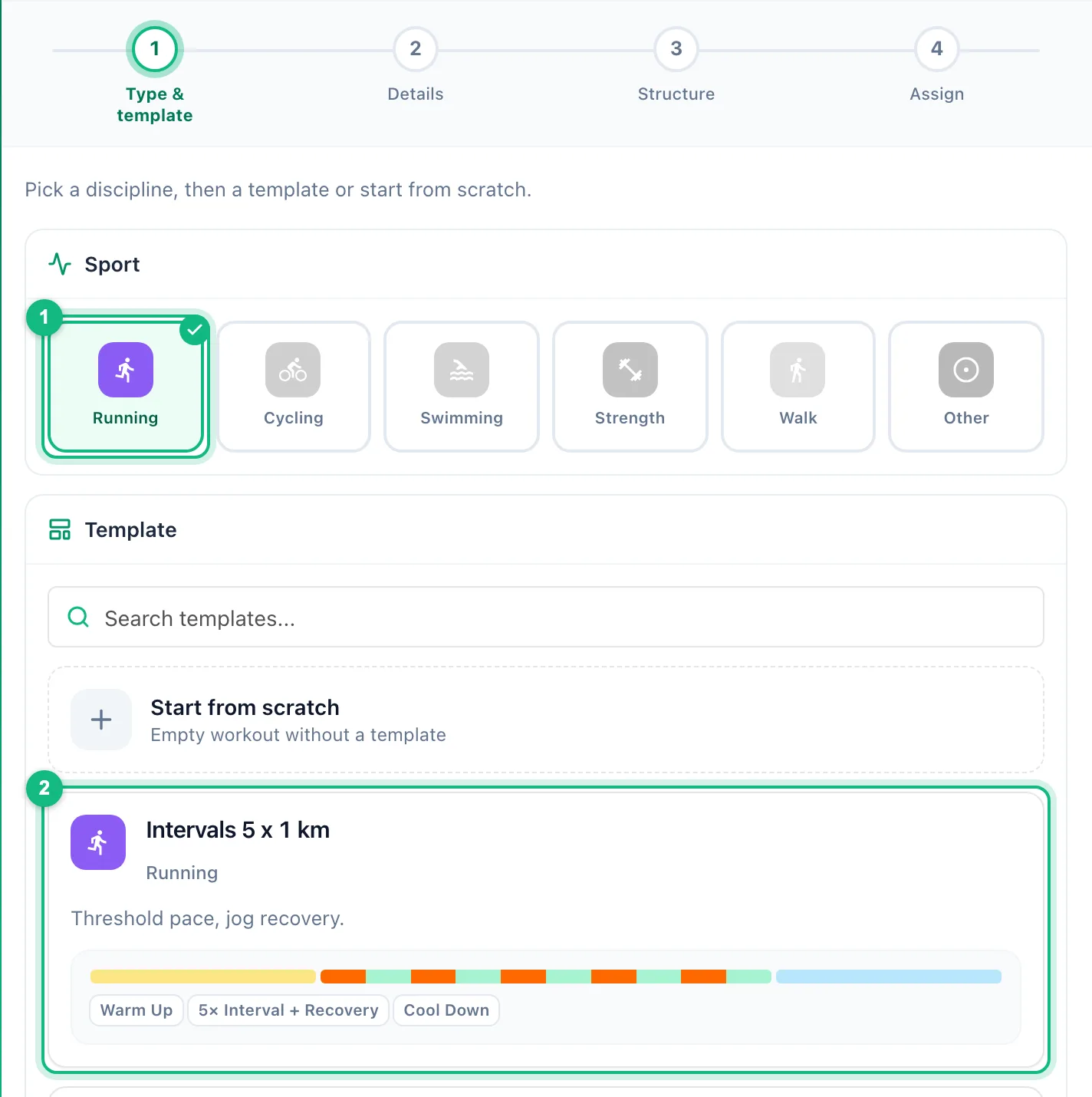 New workout wizard on the Type & template step with Running selected, the Start from scratch tile and the first running template