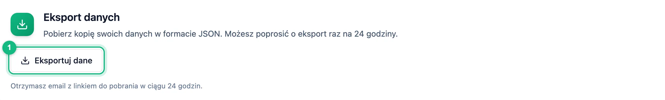 Sekcja Eksport danych w zakładce Dane osobowe z przyciskiem Eksportuj dane i informacją o mailu z linkiem do pobrania