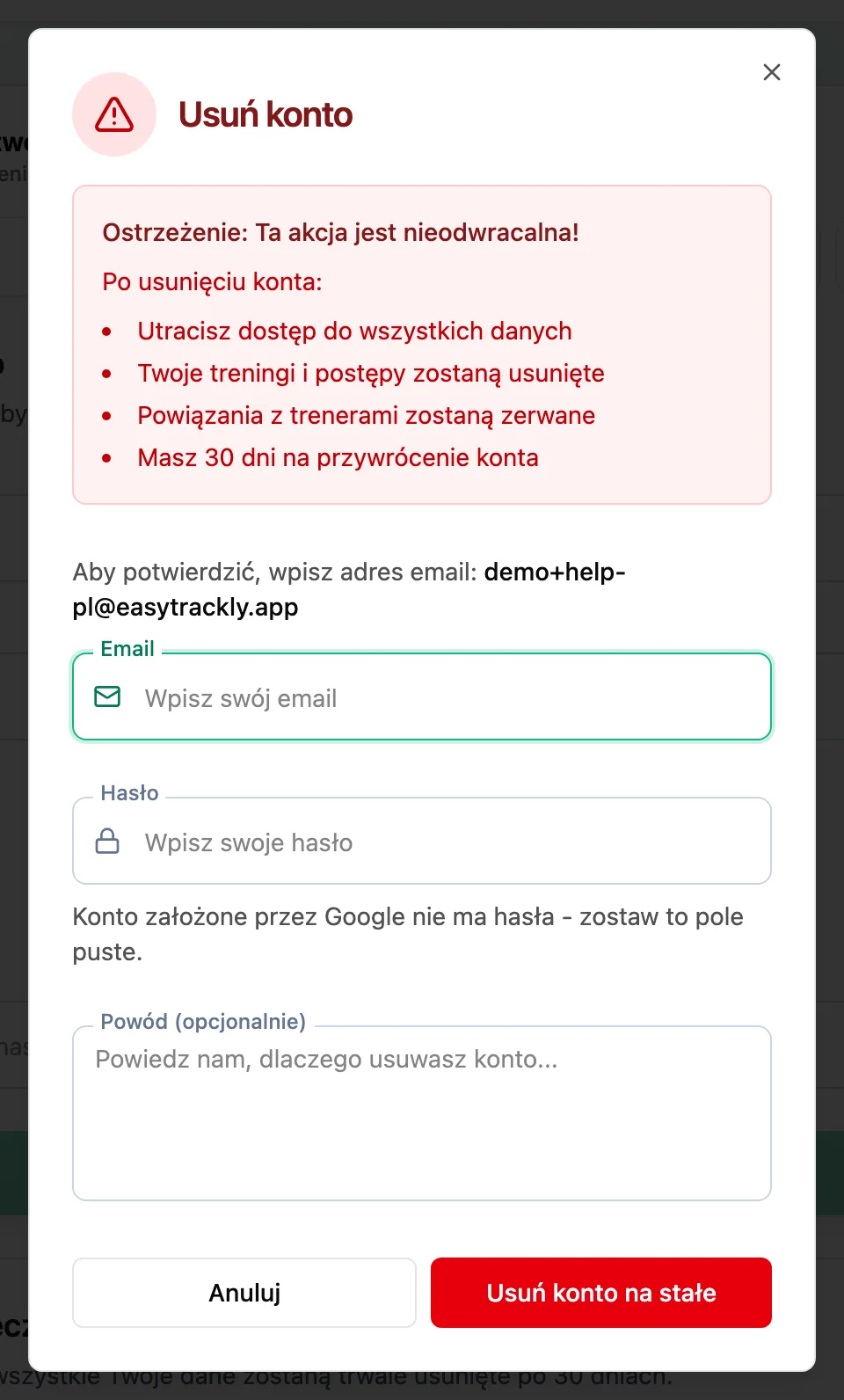 Okno Usuń konto z ostrzeżeniem o skutkach, polem email do potwierdzenia, polem hasła i opcjonalnym powodem