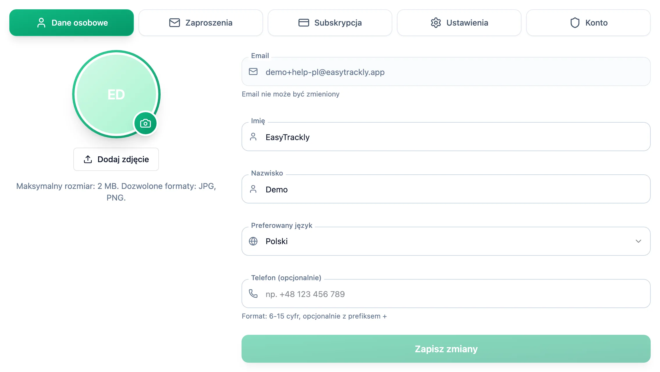 Zakładka Dane osobowe: rząd zakładek profilu, zdjęcie z przyciskiem Dodaj zdjęcie i formularz z adresem email, imieniem, nazwiskiem, preferowanym językiem i telefonem