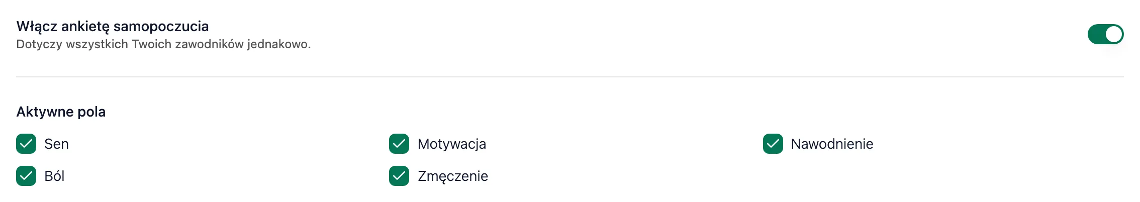 Sekcja Ankieta samopoczucia z przełącznikiem Włącz ankietę samopoczucia i polami Sen, Motywacja, Nawodnienie, Ból i Zmęczenie