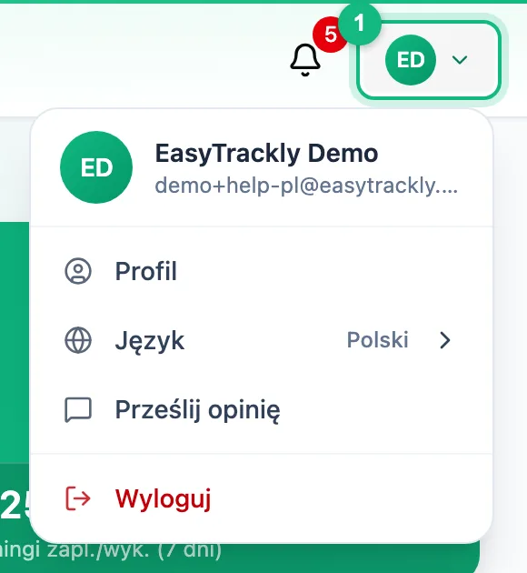 Rozwinięte menu użytkownika z pozycjami Profil, Język, Prześlij opinię i Wyloguj