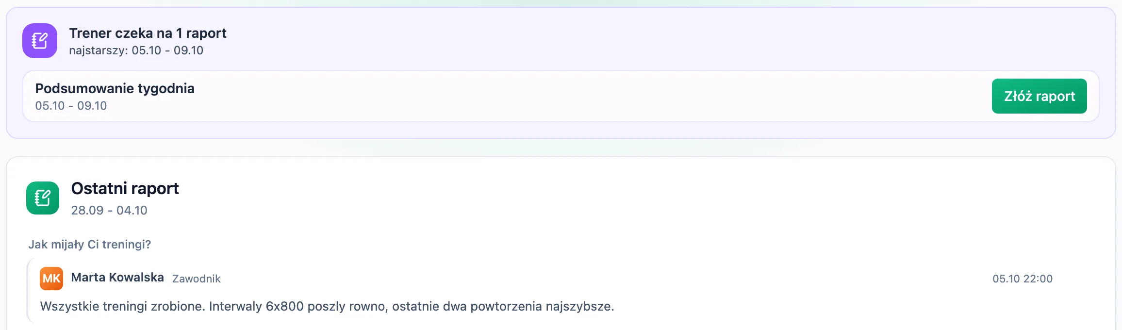 Karta Trener czeka na 1 raport z prośbą Podsumowanie tygodnia i przyciskiem Złóż raport, a pod nią Ostatni raport z odpowiedzią zawodniczki