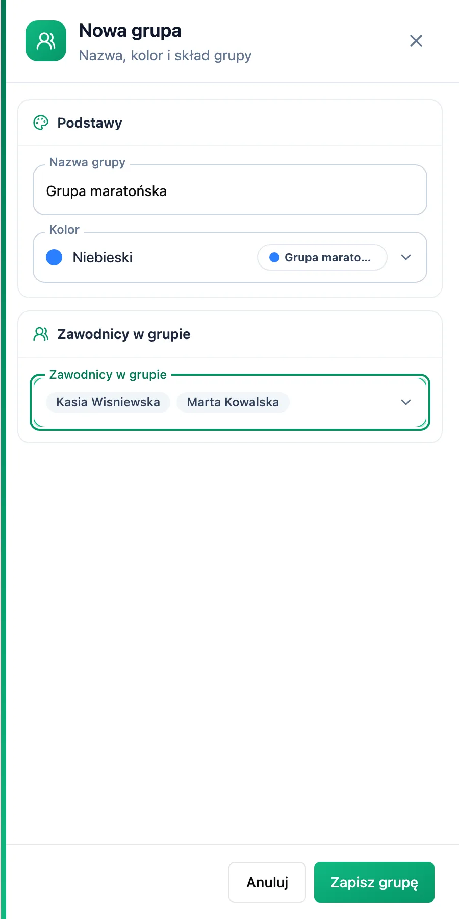 Panel Nowa grupa z nazwą, kolorem niebieskim i dwoma zawodnikami w polu Zawodnicy w grupie oraz przyciskiem Zapisz grupę