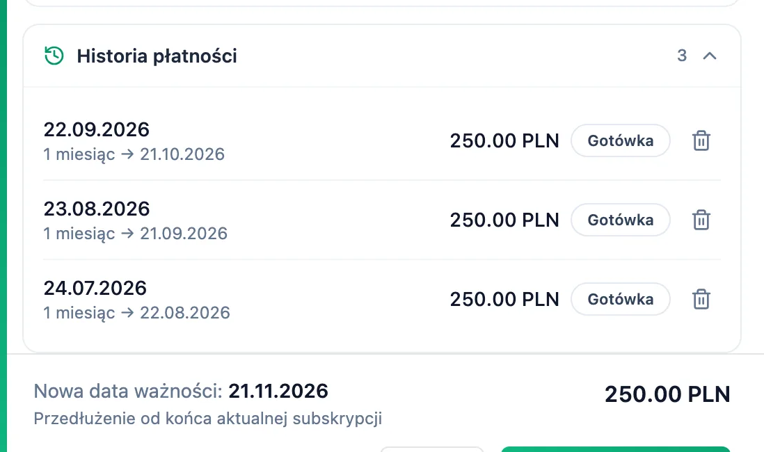 Rozwinięta historia trzech wpłat i stopka panelu z nową datą ważności oraz dopiskiem Przedłużenie od końca aktualnej subskrypcji