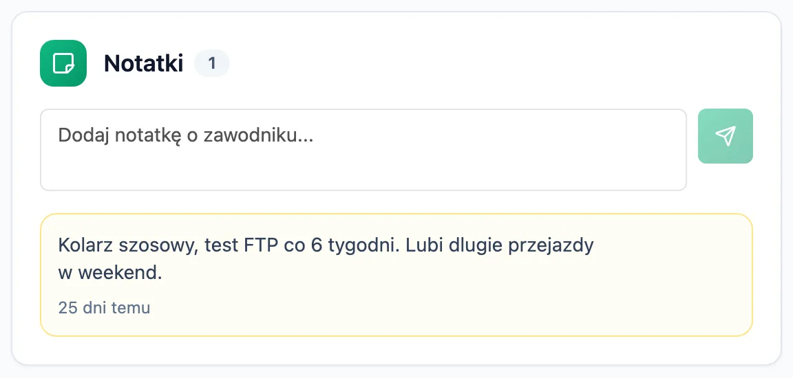 Karta Notatki z polem Dodaj notatkę o zawodniku, przyciskiem wysyłania i jedną zapisaną notatką