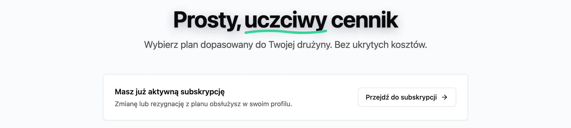 Nagłówek cennika i karta z informacją o aktywnej subskrypcji oraz przyciskiem Przejdź do subskrypcji
