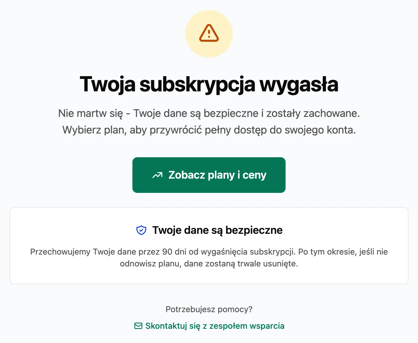 Ekran wygasłej subskrypcji z przyciskiem Zobacz plany i ceny, ramką o bezpieczeństwie danych i linkiem do wsparcia